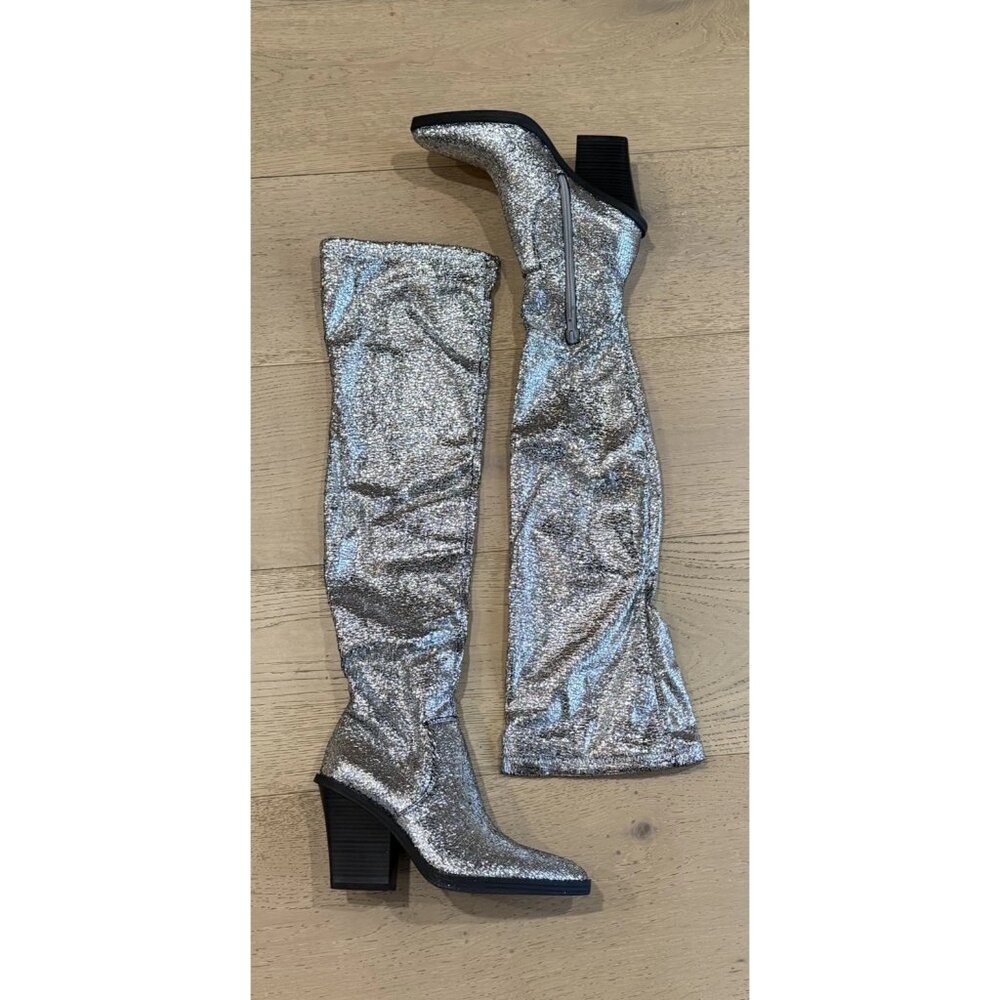 $168 NEW Katy Perry Citygurl Over The Knee Stretch Boots Silver Western Boot - Picture 5 of 5